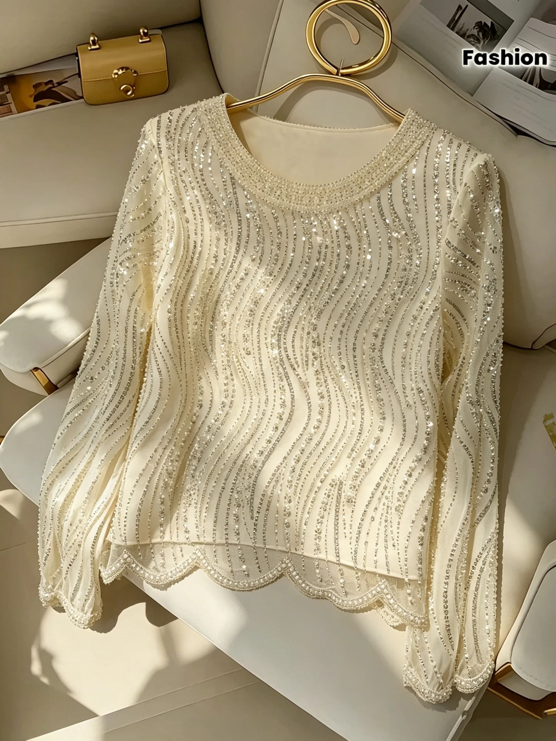 Elegant Luxurious Beaded Sequin Apricot Round Neck Blouse - Sparkling Casual Fashion Long Sleeve Shirt, Versatile For All Season