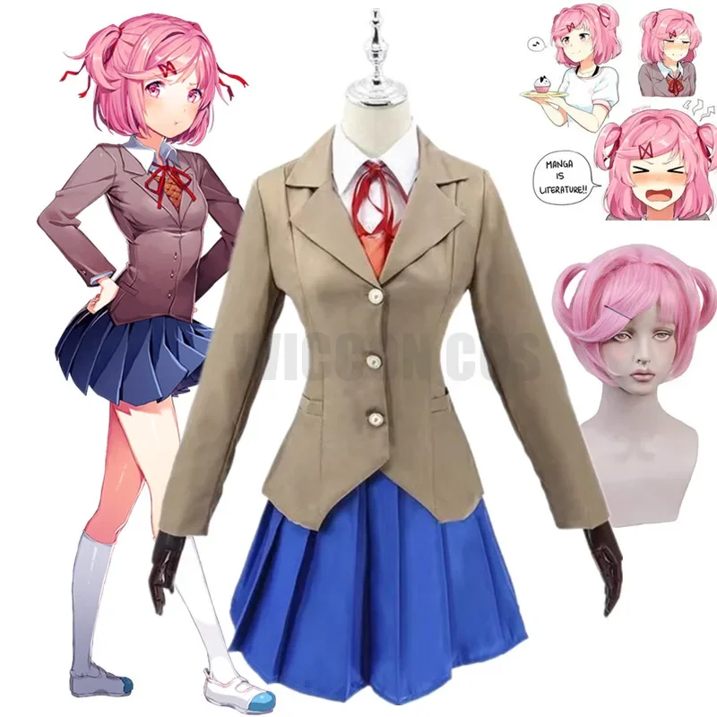 Disfraz de Doki Literature Club Natsuki para mujer, uniforme escolar, Monika Yuri Sayori