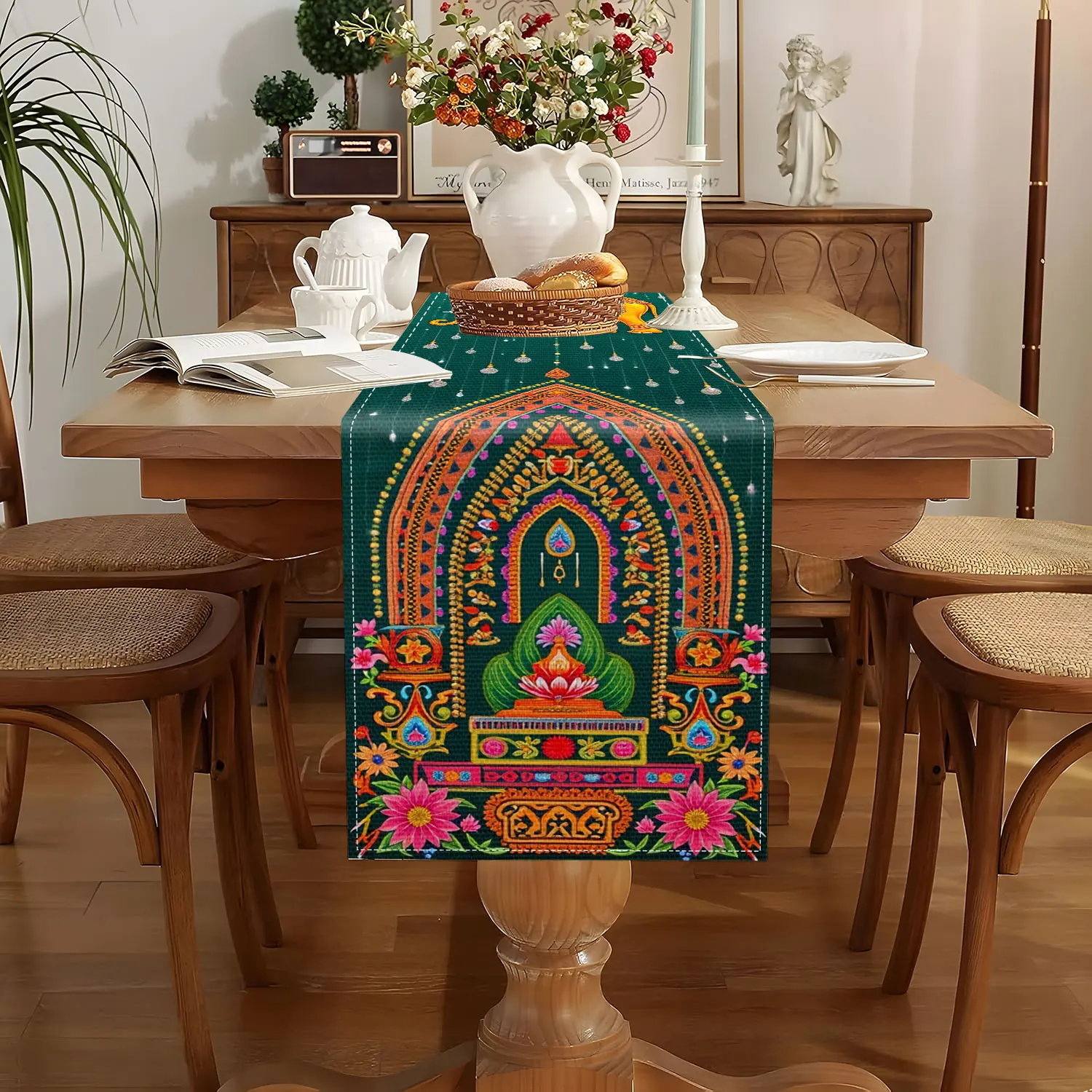 1 Piece of Indian-Style Elephant and Temple-Themed Table Runner, Golden Elephant, Indian Temple and Floral Decoration Pattern, Suitable for Indian Cultural Theme Parties, Exotic Restaurant Decorations, Indian Festival Event Arrangements, Cultural Exchange Activities, Special B&B Rooms, Creative Market Stalls, Indian-Style Related Parties
