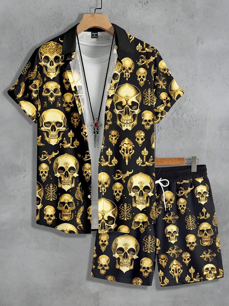 

Hawaii Shirt Set Men's Skull Print Pattern Summer Fashion Casual Luxury Daily Large Button Down Shirt Shorts Two Piece Set