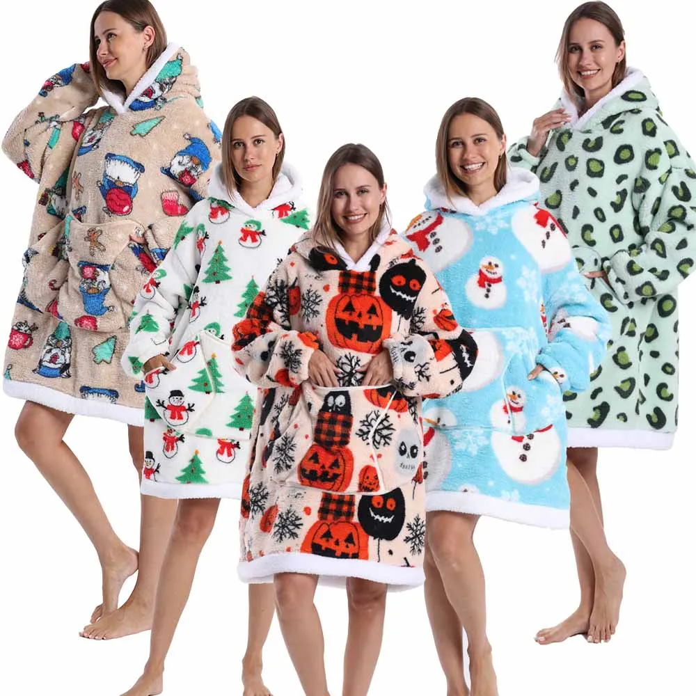 Oversized Hoodie Blanket for Adults Leopard Red Blue Black Fluffy TV Blanket Warm Thick Man Woman Winter Halloween Christmas Pjs