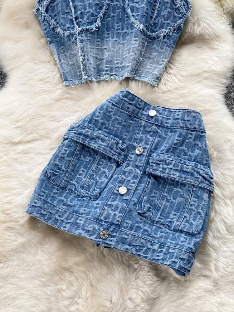 Women Summer Sexy Denim Set Strapless Sling Zipper Design Crop Top + Short Button Mini Shorts Skirt Jeans Two Piece Suits