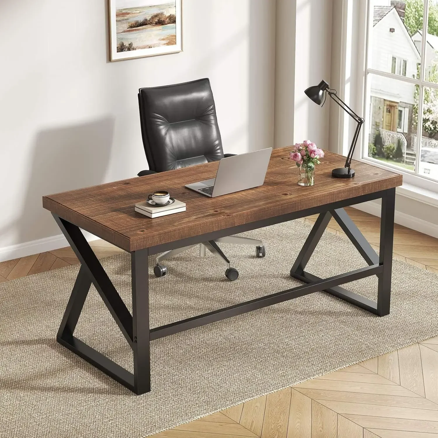 Solid Wood Computer Office Desk Small Writing Desks for Home 47 Inch | Minimalist Rustic Real Natural Wood Table for Home Office