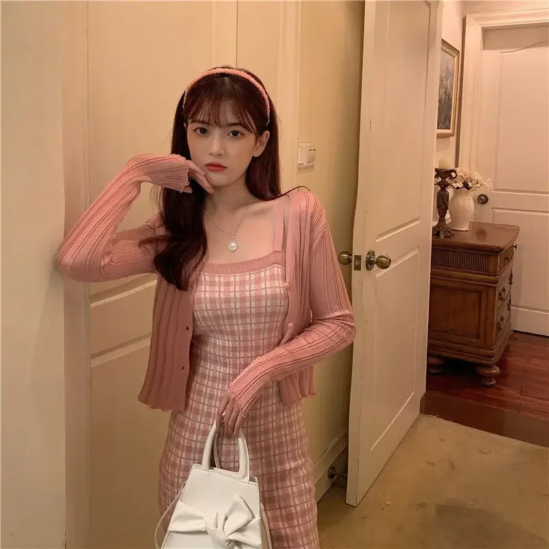 Party Long Sleeve Women\'s Two Piece Set Crochet Pink Midi Plaid Knit Female Outfits Sexy Dress New Matching Summer Fashion 2024