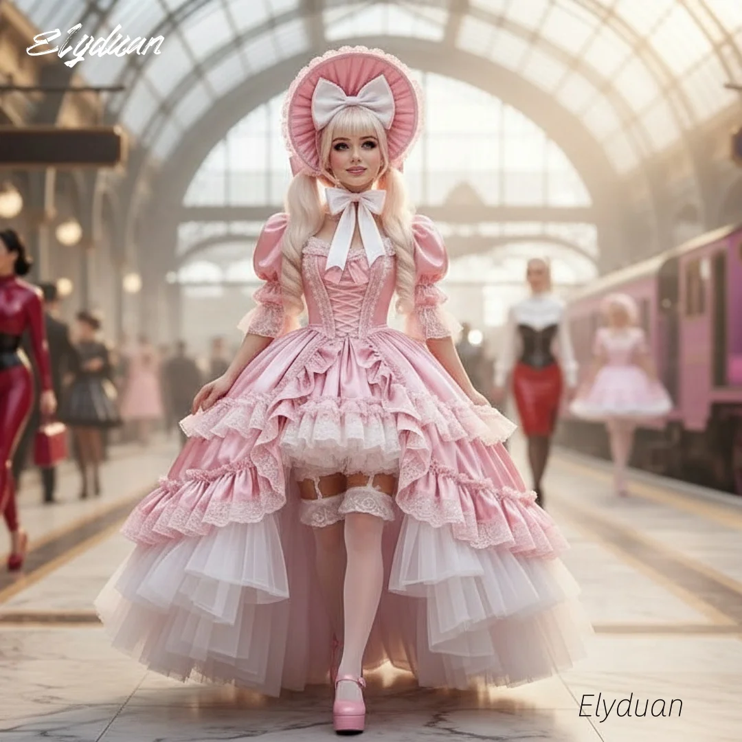 Historisches viktorianisches Lolita-Abschlussballkleid mit Puffärmeln, Rüschen, High-Low-Korsett, Cosplay-Party, Halloween-Karnevalskostüm, individuell gestaltet