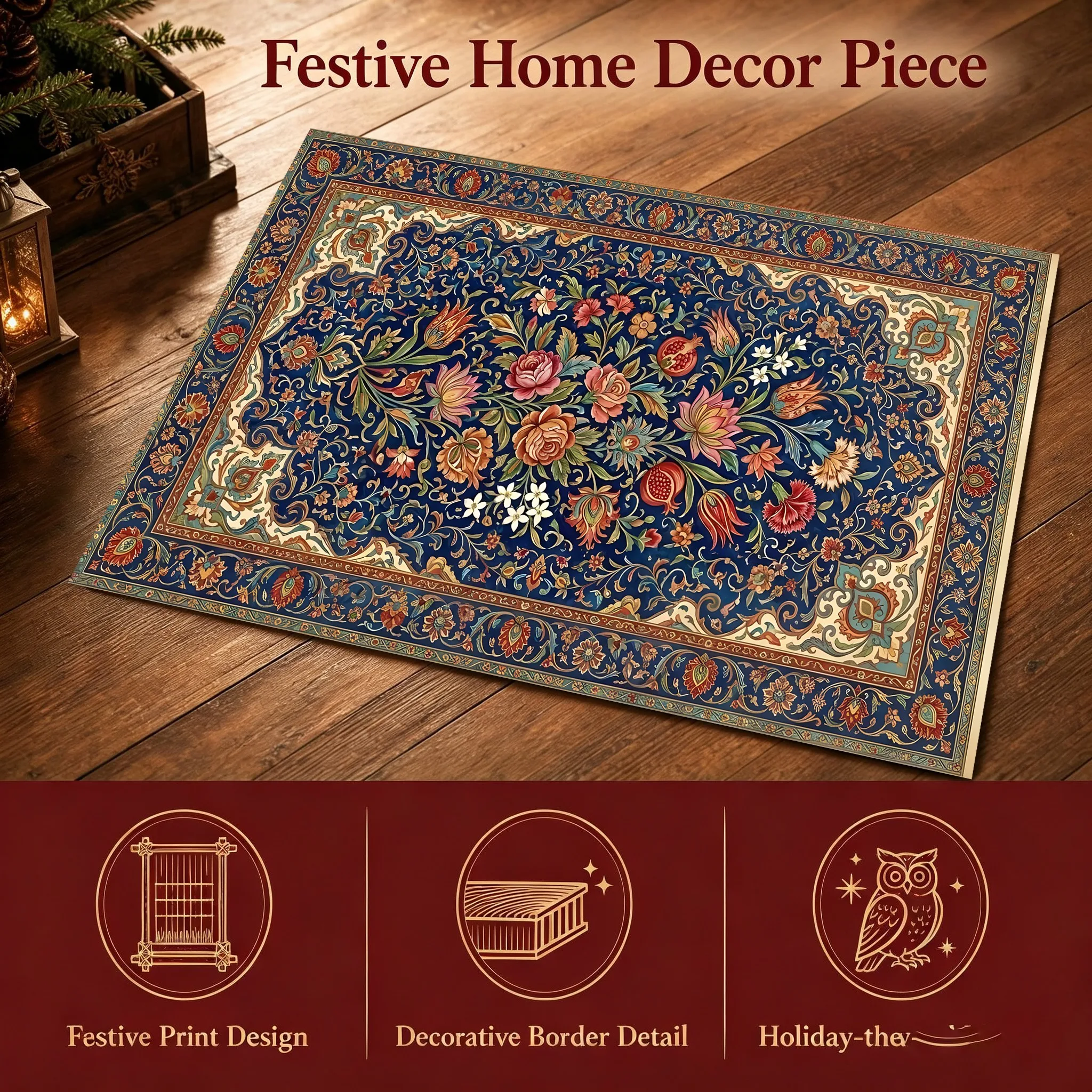 Blue-Based Vintage Persian Floral Rug for Christmas and New Year, Living Room, Bedroom and Bedside, Warm and Inviting for Autumn-Winter