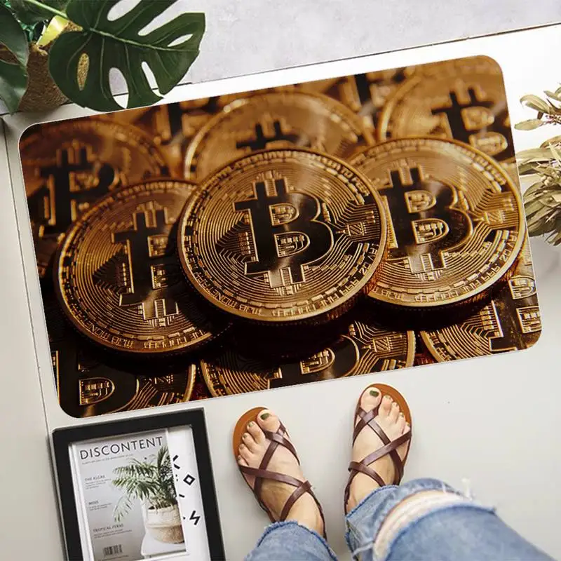 Funny Bitcoin Gold and Money Printed Flannel Floor Mat Bathroom Decor Rug Anti-Slip Living Room Kitchen Welcome Door