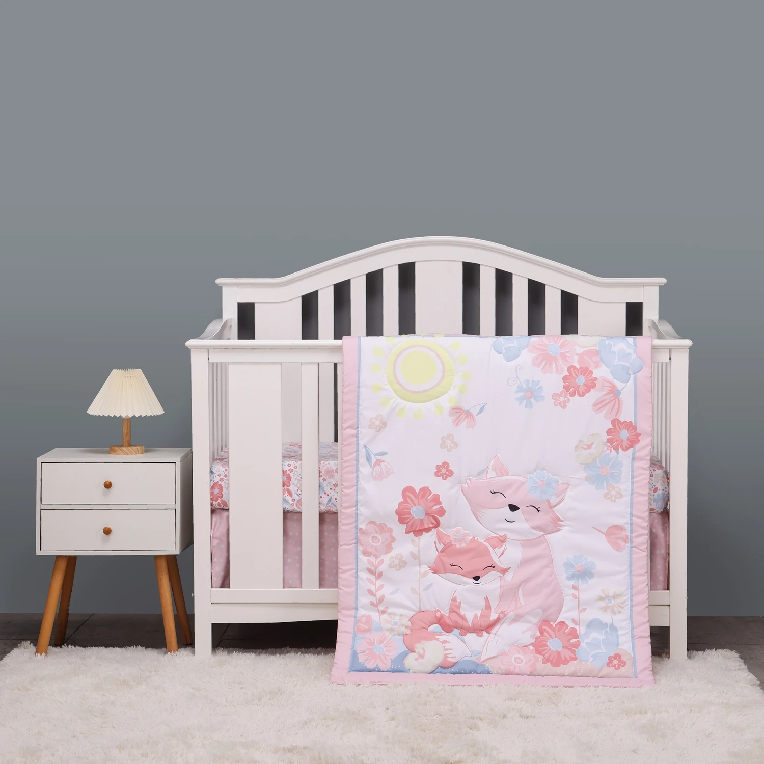 

3Pcs Baby Crib Bedding Set Baby Safari Jungle Animals Crib Set For Girls (Comforter+Fitted Sheet+Crib Skirt)