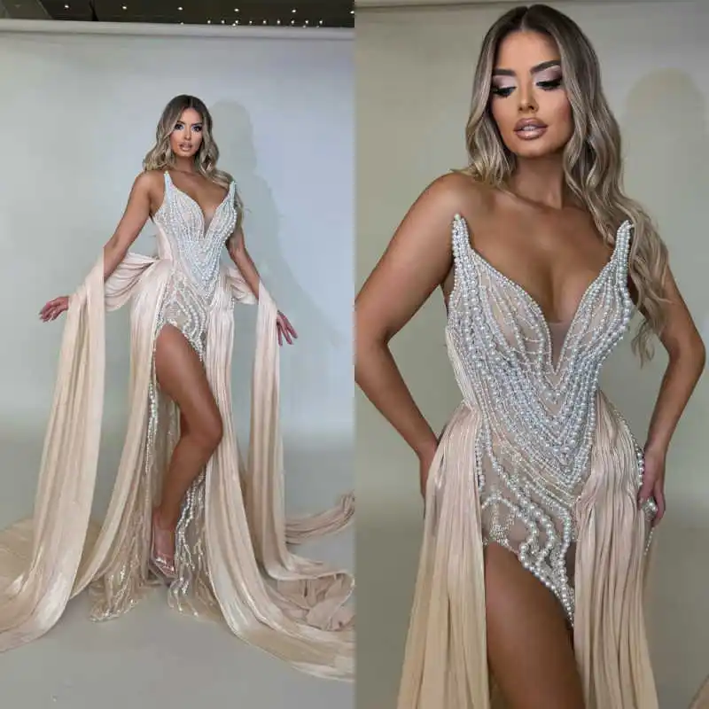

Gorgeous Pearls Sequined Prom Dresses Elegant V Neck Sleeveless Evening Side Slit Dress Floor Length Party Gown Customized