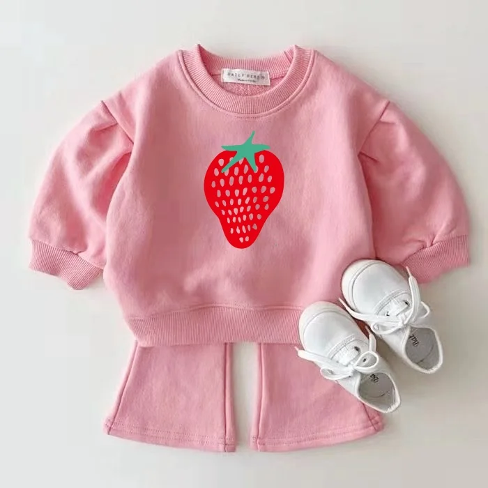 V-TREE 2025 Baby Girls Clothing  Set Spring New Kids Candy Color Puff Sleeve Sweater Flared Pants Two-piece Set