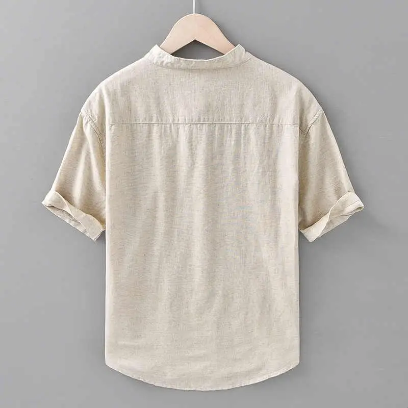 Cotton Linen Stand Collar Men's Short Sleeve Shirt Pull Thickened Fleece Autumn Winter Warm  Neck Design Inner Wear