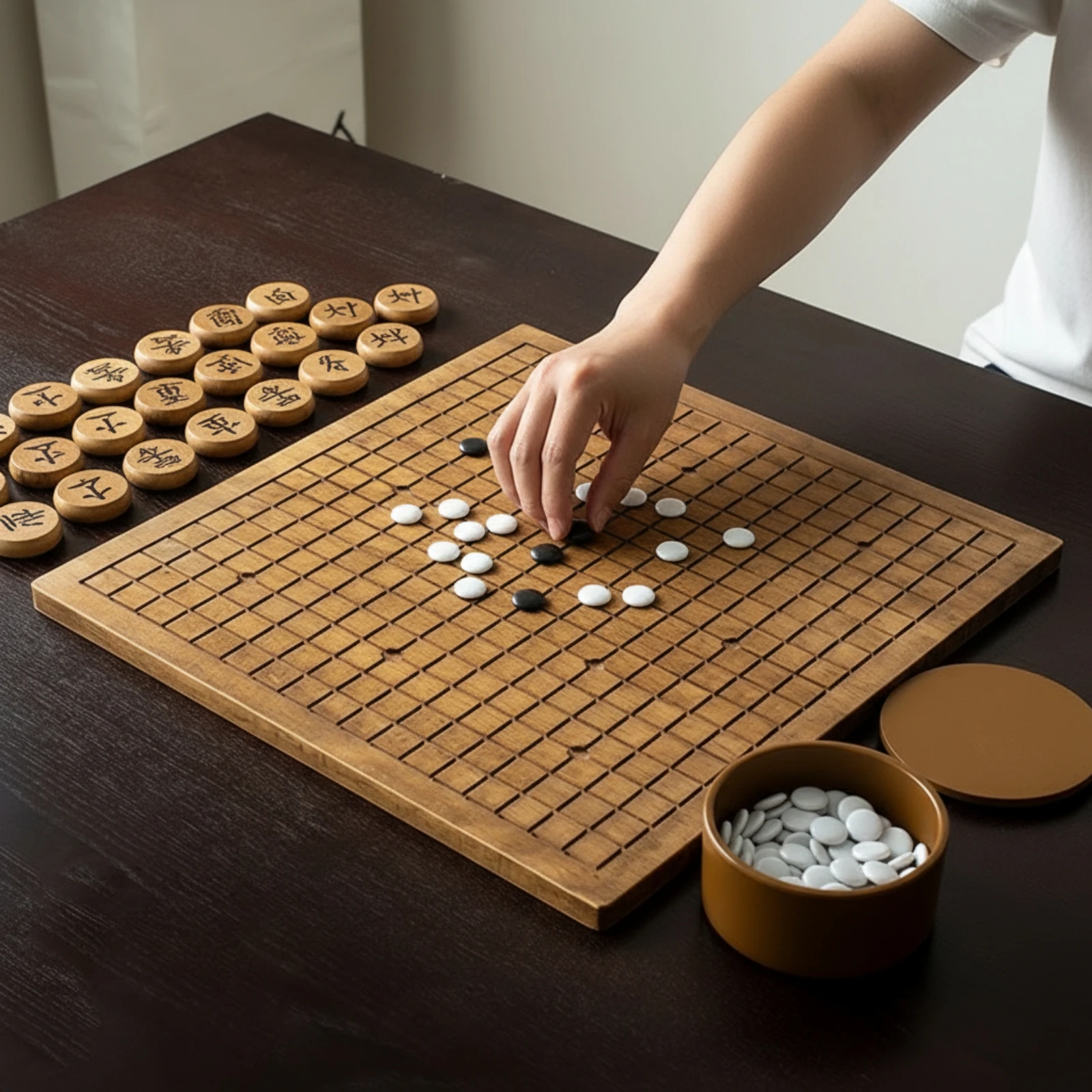 Board Game Strategi - Wooden Go Board with Stones Low-Height