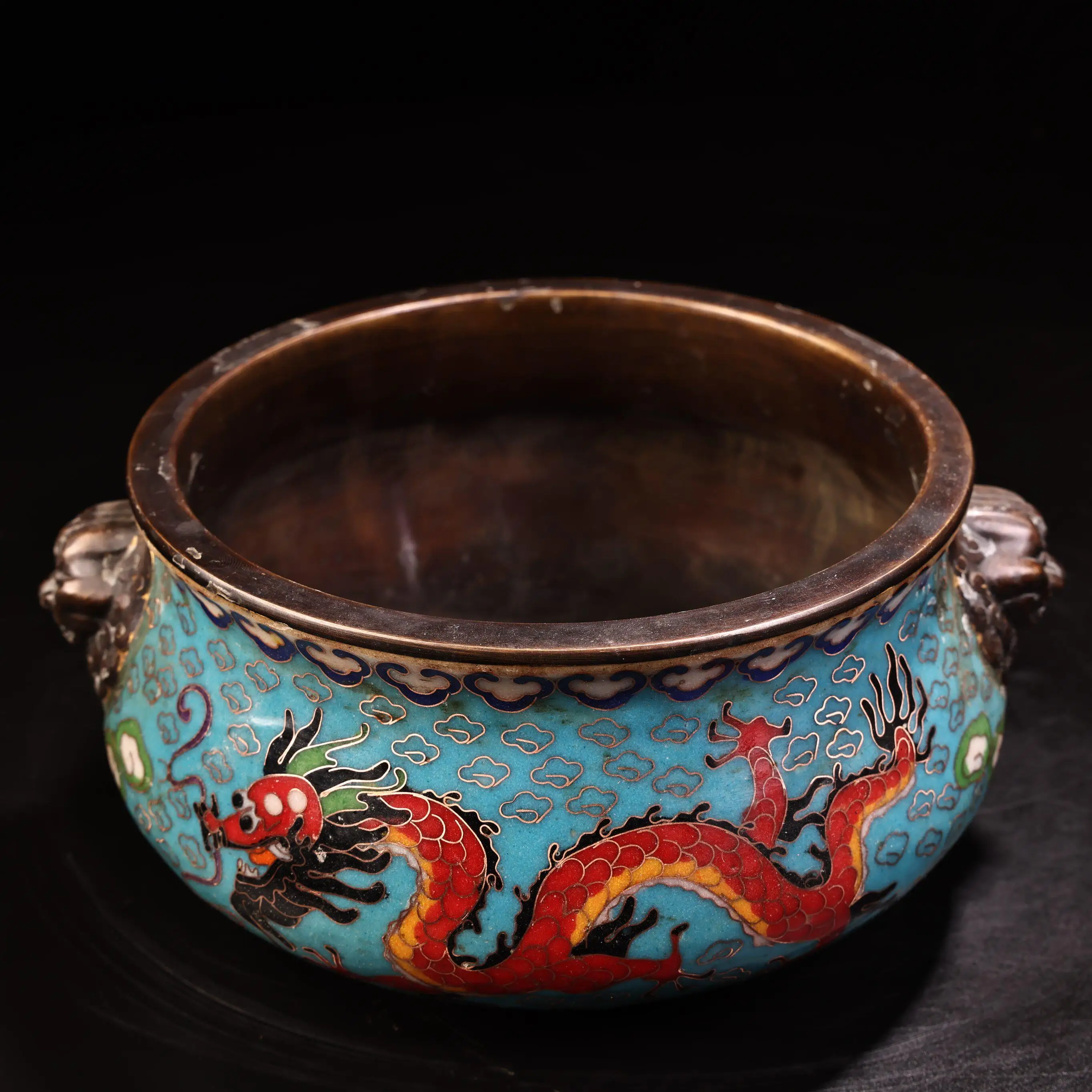 Vintage Chinese Copper Cloisonne Incense Burner with Tiger Head Handles Heavy Patina Exquisite Style Fine Craft Collectible