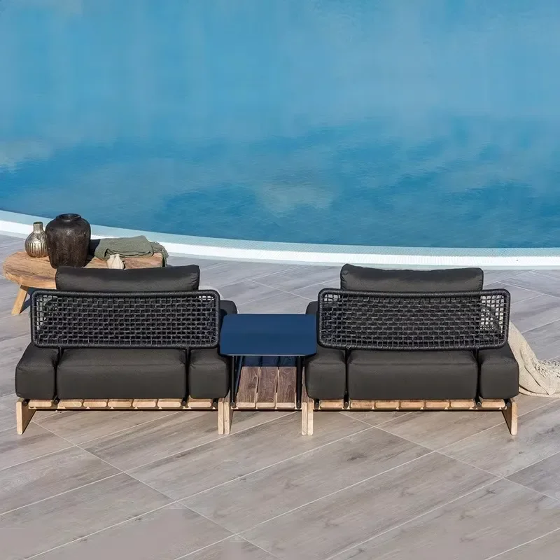 Exquisite Outdoor Teak Wood Sofa Set with Woven Rattan Backrest Must-Have for Modern Patio and Deck Areas All-Weather