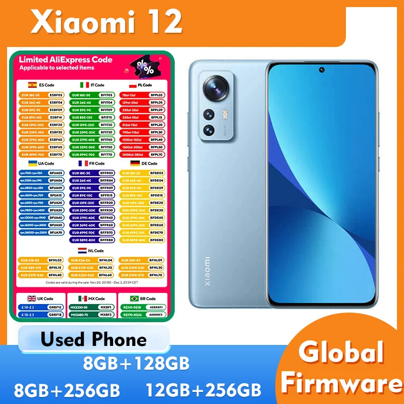 هاتف Xiaomi 12 5G 6.28 بوصة 419ppi 1100nits CPU Qualcomm Snapdragon8 Gen1 4500mAh شحن 67W Android مستعمل