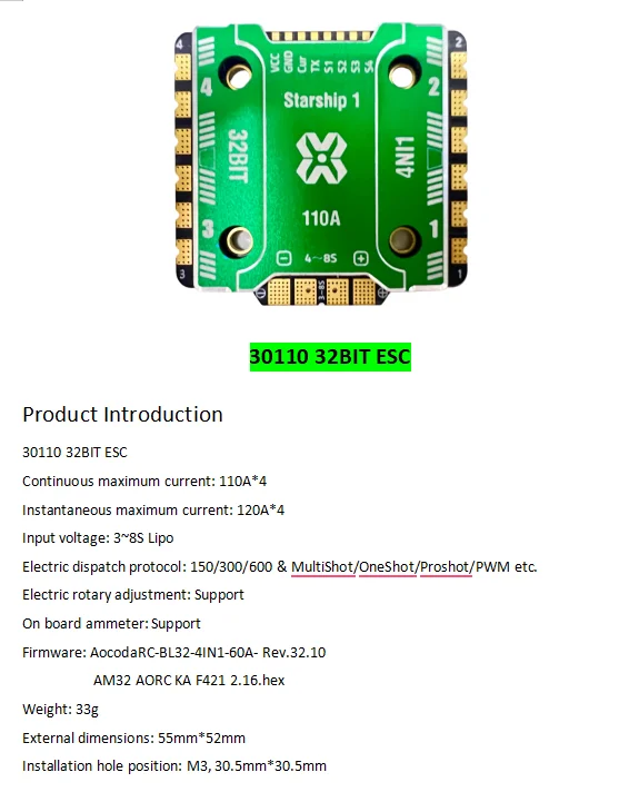 Aocoda RC 110A Bettle 30110 32Bit 4-en-1 ESC 3-8S Lipo AT32F421K8U7 33g pour pièces de Drone de course FPV