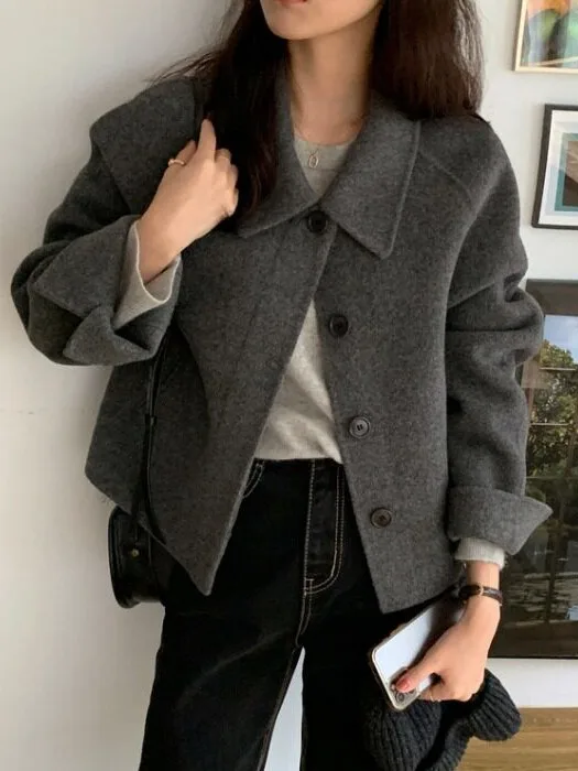 Retro Chic Autumn Winter Short Pure Color Loose Fit Casual Woolen Coat for Women Single Button Notch Collar Korean Style