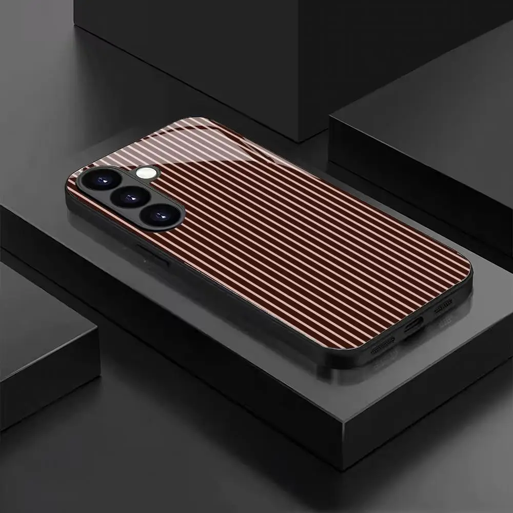 Brown striped tempered glass phone case suitable for Samsung Galaxy S26 S25 S24 S23 S22 S20 FE/Ultra/Plus anti drop back cover