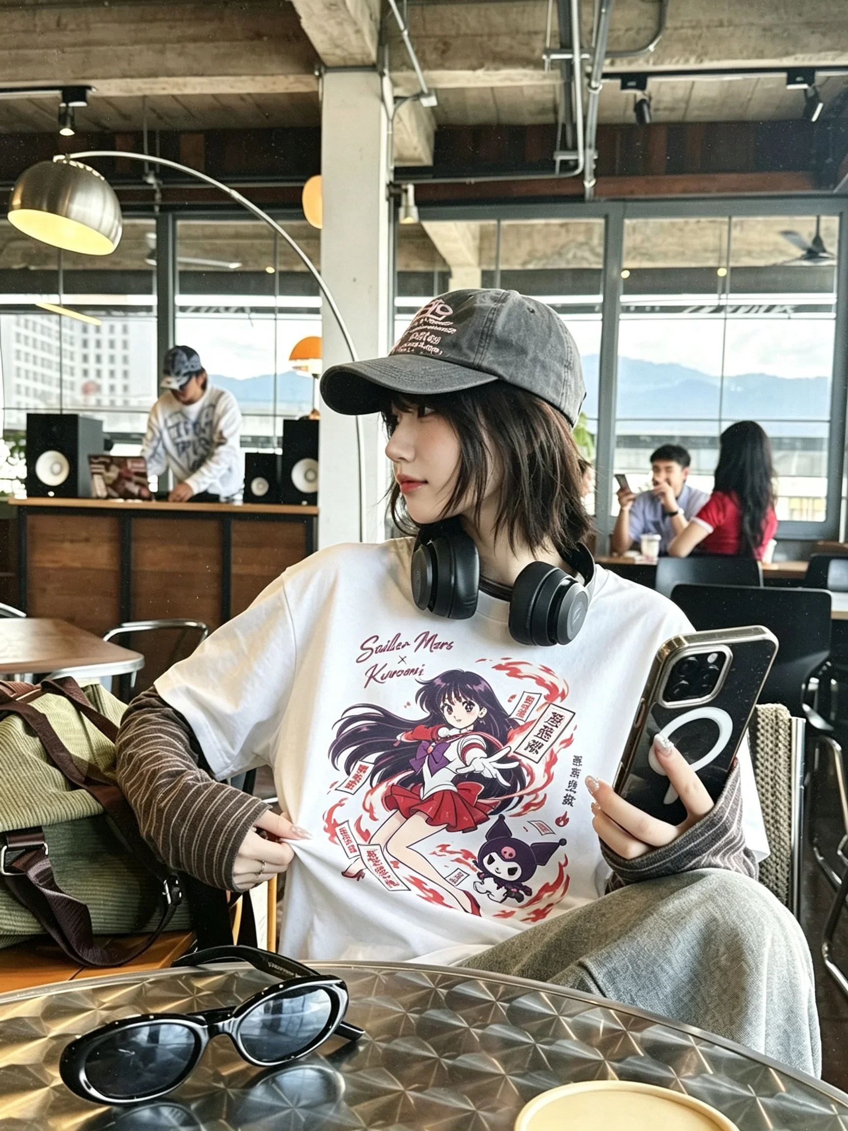 White Tee Men's Women's Sanrio Hello Kitty Sailor Moon Parent Child Anime Cool Art Print Oversized Short Sleeve Streetwear Top