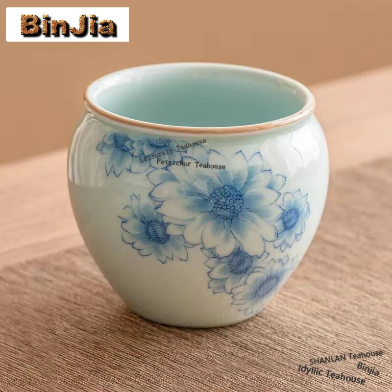 

500ml Retro Blue and White Sunny Flower Jianshui Washing Cup Bowl Tea Residue Bucket Chaxi Tea Ceremony Equipment Ornaments