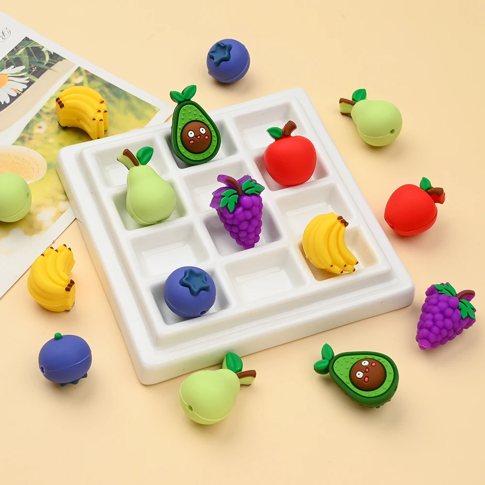 6Pcs 3D Fruit Silicone Bead Banana Pear Apple Blueberrie Avocado Grape for Baby Grinding Bracelets Pacifier Chain Making