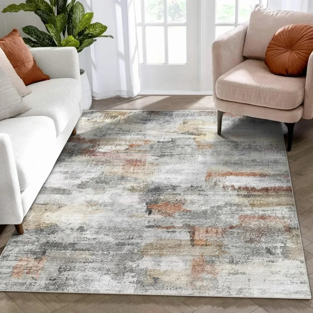 

Washable Area Rug 4x6, Ultra Soft Non-Slip Stain Resistant Fluffy Rug for Living Room Bedroom (Gray/Rust)