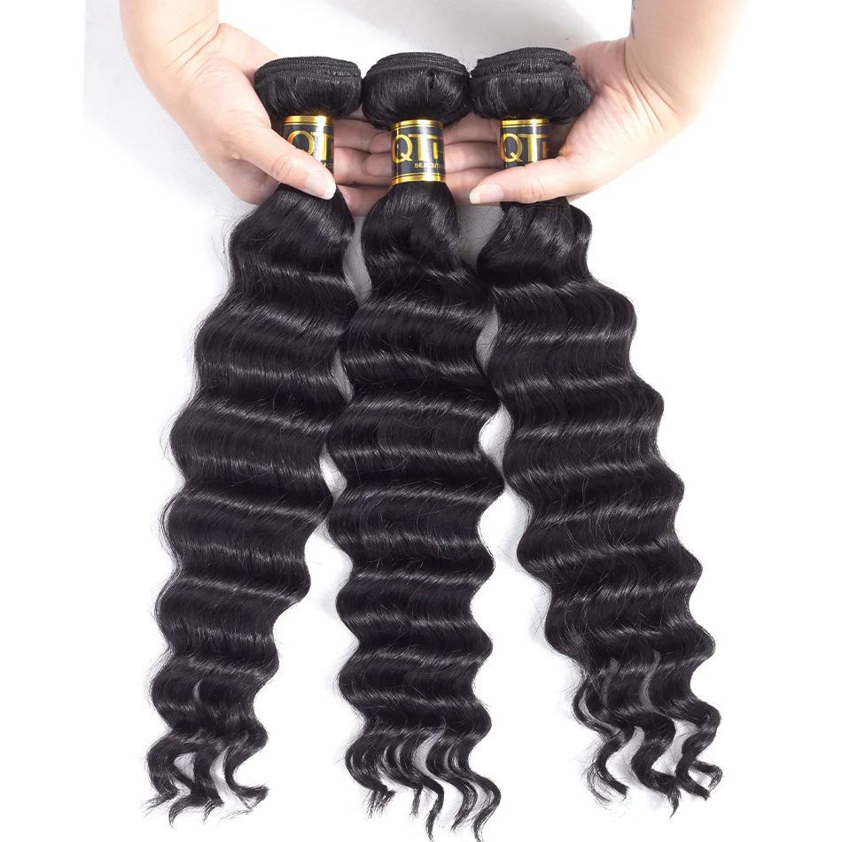 Tissage en lot Deep Wave brésilien naturel Remy, 8-40 pouces, 1/3 /4 mèches, QThair, expédition rapide, lots de 3