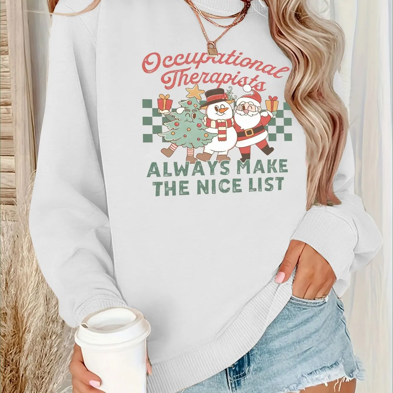 Women\'s Festive Christmas Sweatshirt Santa Snowman & Tree Print Casual Crew Neck Pullover Soft Polyester Blend Machine Washable