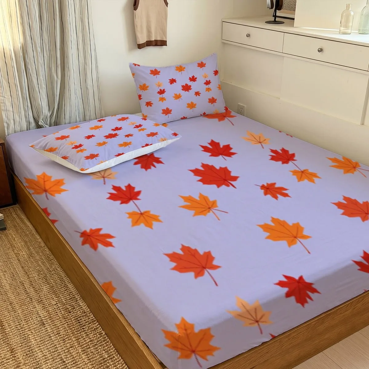 Autumn Maple Leaf 2D Digital Print Three-Piece Bedding Set Lavender Yellow Leaves Three-Piece Bedding Set (Includes 1 Fitted Sheet + 2 Pillowcases) 3-Piece Set, Large Capacity Deep Pocket 2D Printed Fitted Sheet and 2 Pillowcases Bedding Mattress Protector, Fitted Elastic Style Protective Cover, Mattress Protector, Suitable for All Seasons, Machine Washable Design, Holiday Decoration, Various Sizes, Breathable Protective Cover with Pillowcases