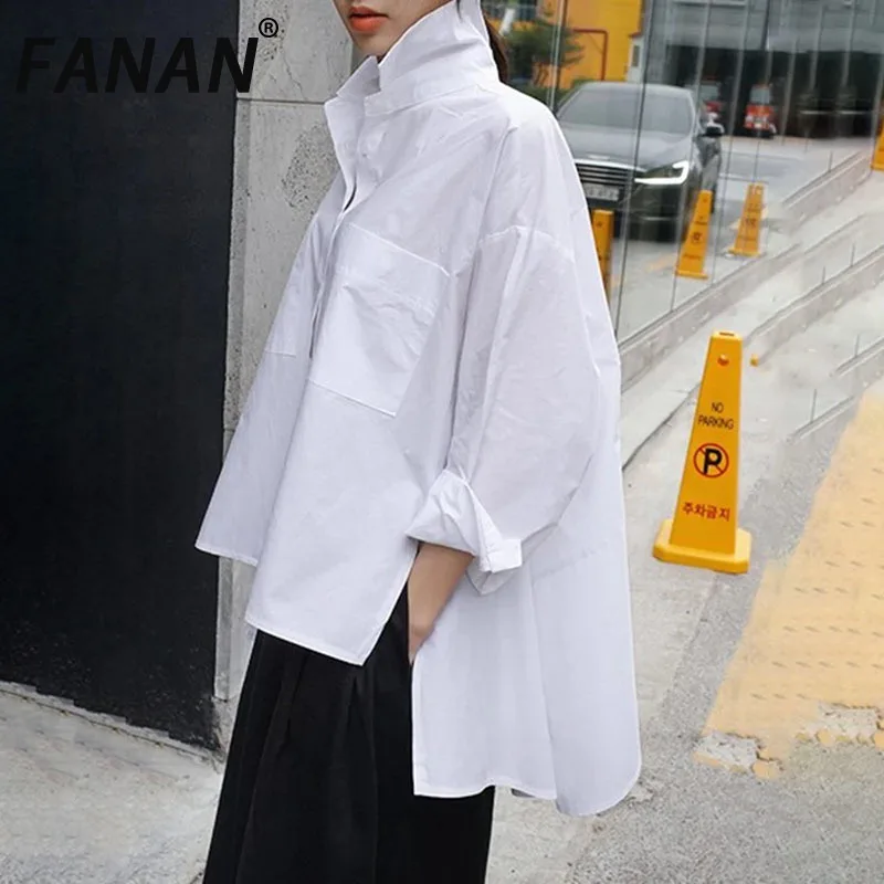 

FANAN 2025 New Spring Autumn Lapel Long Sleeved White Long Sleeved Loose Large Irregular Shirt Women's Shirt Fashion Trend Tops