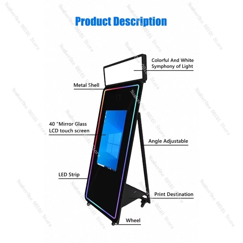 70inch Ultra-thin Adjustable Selfie Mirror Booth With Umbrella, Oval Wooden Mirror For Corporate Events Nightclub