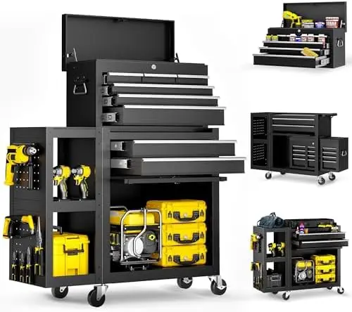 8-Drawer Rolling Tool Chest,3-in-1 Tool Box on Wheels with Lockable Steel Garage, Detachable Top Toolbox & Bottom