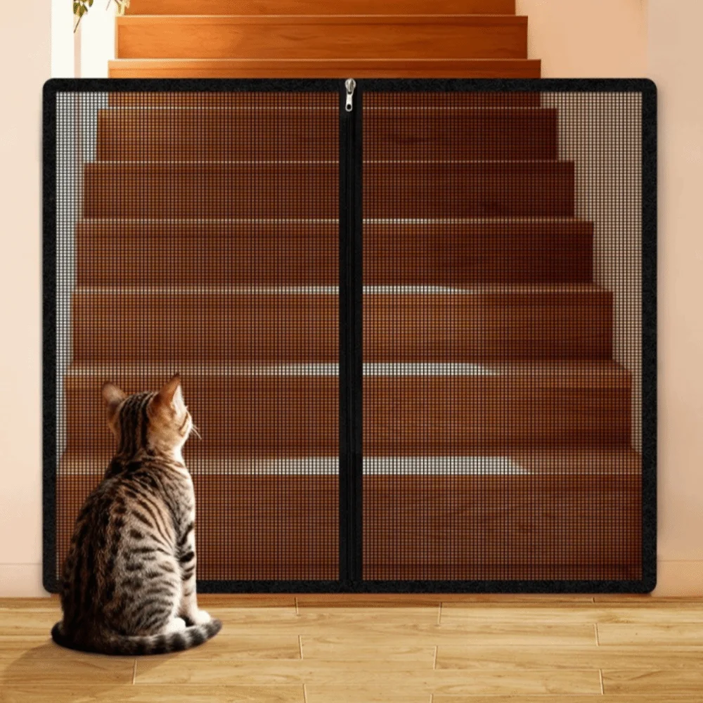 New Metal Mesh Dog Barrier Fences with Zipper Breathable Pet Isolated Gate Easy to Install Folding Net Stairs Gate Home Use