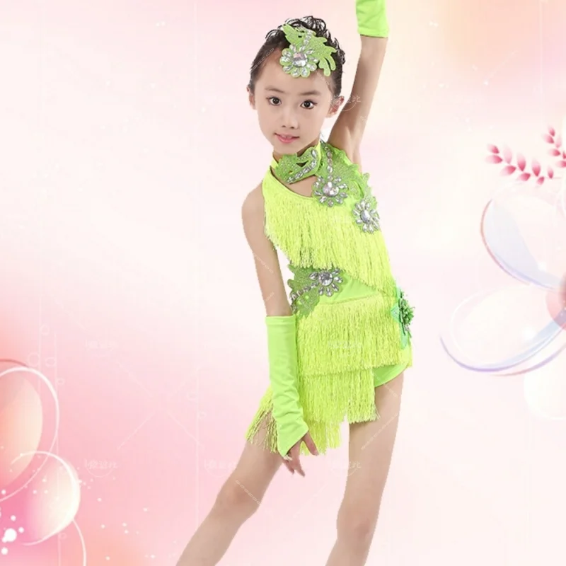 child kid children professional latin dance dress for girls ballroom dancing dresses for kids red sequin fringe salsa JustSaiyan