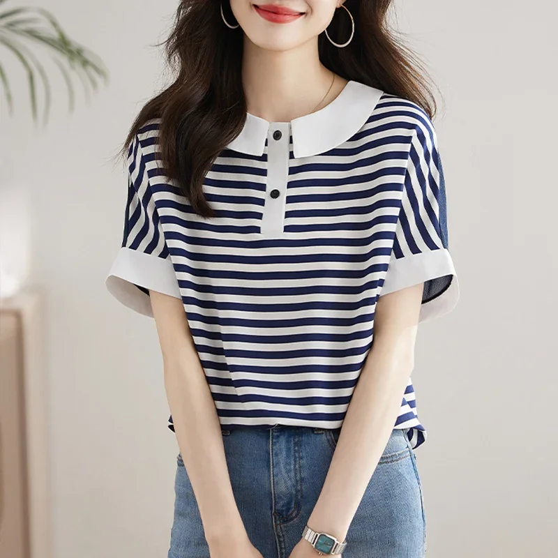 Doll collar women's Polo striped short sleeve shirt covers the belly in summer to show thinness