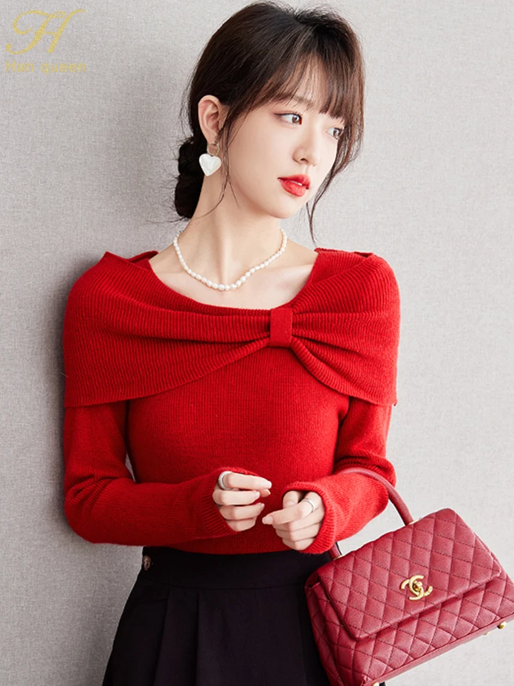 H Han Queen Autumn Top New Korean Bow Vintage Red Elastic Knitted Pullover Sweaters Simple Basic Bottoming Shirt Sweater Women