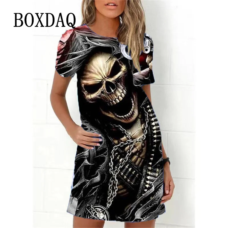 Fashion Skull 3D Print Women Dress Funny Horror Pattern Casual A -line Dress Summer 2023 New Short Sleeve O-Neck Ladies Sundress