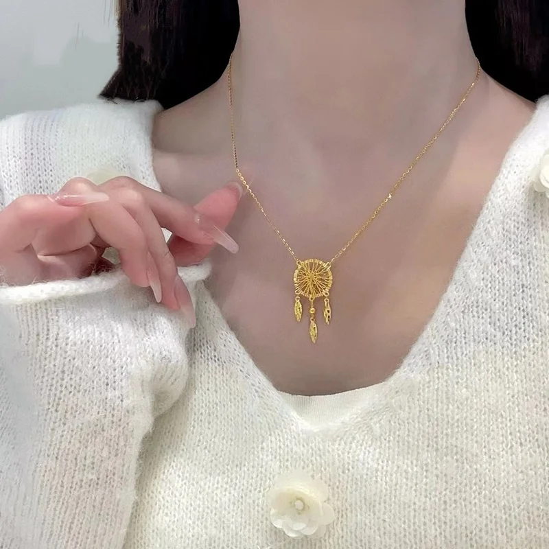 

Fashion AU999 gold dream catcher tassel necklace exquisite commuting silk hollow tree leaf feather collarbone chain neck chain