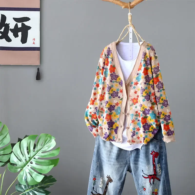 Vintage Loose Sweaters Coat Spring Autumn Long Sleeve V-Neck Women Clothing Jacquard Floral Graphic Casual Knitted Cardigans Top - view 6