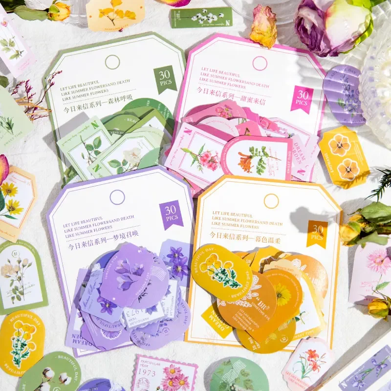 

30Pcs Stickers Flowers Plants literary Material Collage Gifts Packing letters Supplies Planner Account Scrapbooking 110*95MM