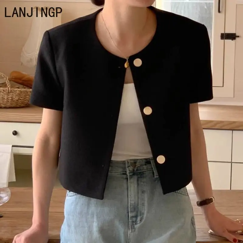 

Korean chic summer short coat women's round neck short sleeve simple and versatile fashion commuter top