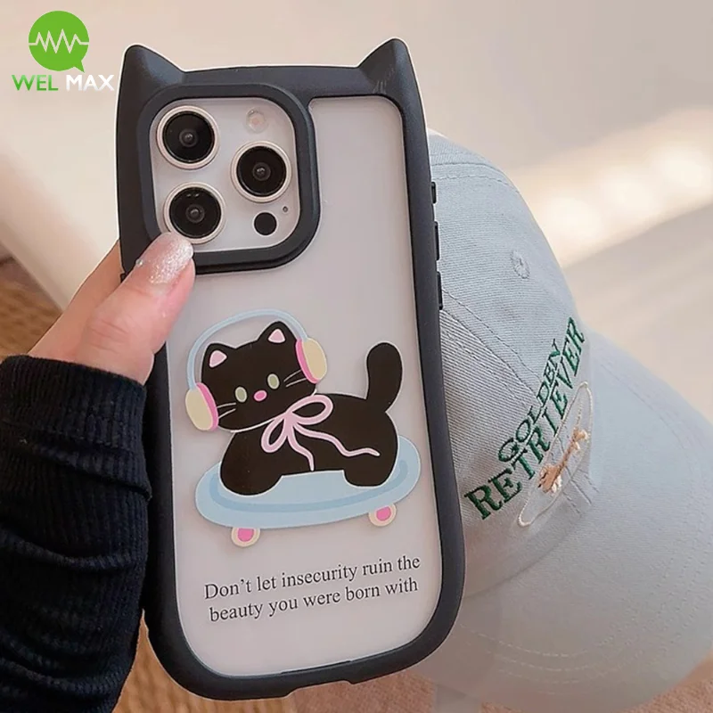 Cute Cartoon 3D Cat\'s ears Phone case For iPhone 15 14 13 12 11 Pro Max Fashion Pink Bow ShockProof Anti-fall TPU Soft shell