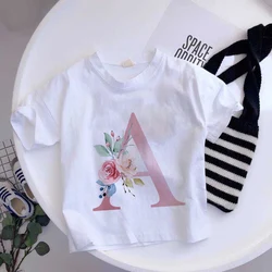 Camiseta con letras en inglés A B C D para niños, camiseta de flores A la moda, ropa informal de dibujos animados, Tops de manga corta para niño y niña, 26