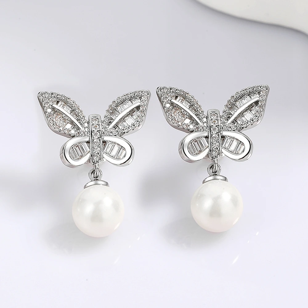 Trendy New Dreamcarnival1989  Butterfly Pearl Drop Earrings  For Women Clear White Zircon Anniversary Engagement Jewelry WE4205