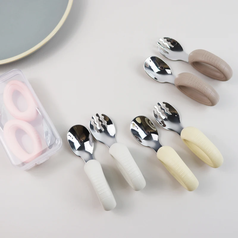 New training easy to grip fork spoon short handle learn molar artifact silicone Baby stainless steel fork spoons