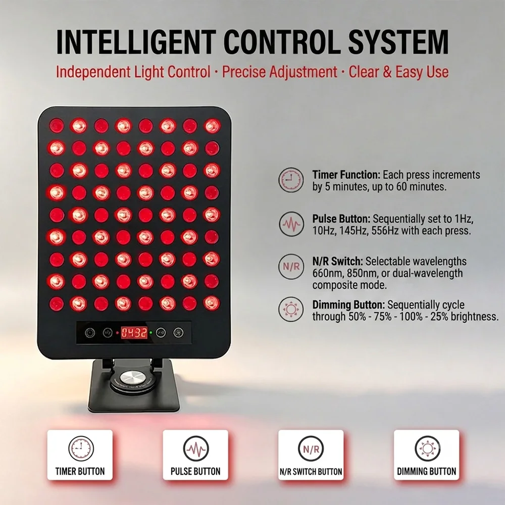 Portable Red Light Therapy Panel 72 LEDs 360W 660nm 850nm Adjustable Timer Pulse Brightness Home Wellness Light