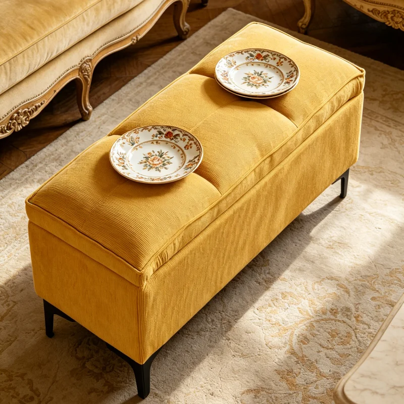 Multifunctional Upholstered Storage Bench Corduroy Footstool With High Density Sponge For Living Room Bedroom Shoe Changing