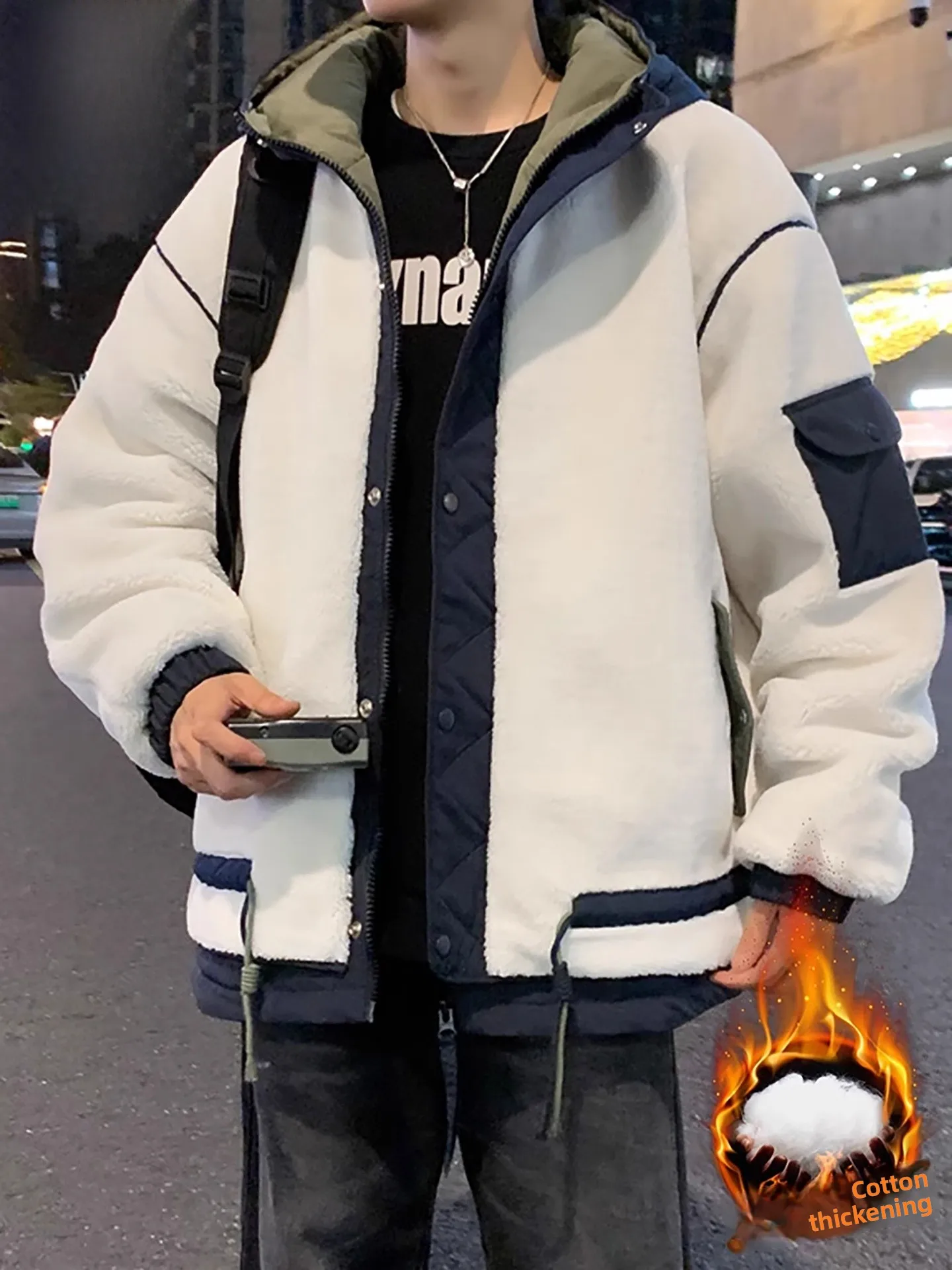 

Men's Thiened Lamb Fur Cotton Jaet Winter Coat Warm Casual Loose Fit Polyester Filled Zipper Closure Hooded Cleanfit