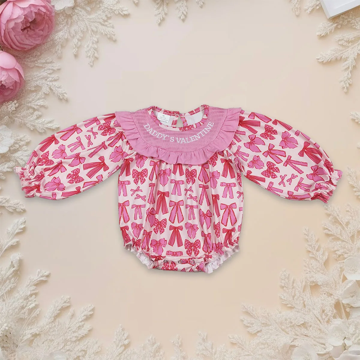 Newborn Smocked Bubble Baby Girl Valentines Embroidery Daddy's Bows Romper Ruffle Bodysuit Kids Toddler Clothes Wholesale