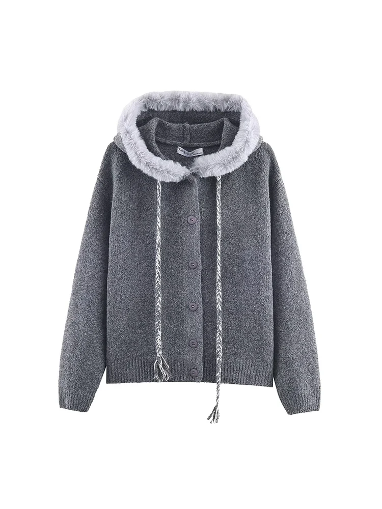 

Новый женский модный и универсальный плюшевый кардиган с капюшоном в европейском стиле, плетеной веревкой и кисточками.